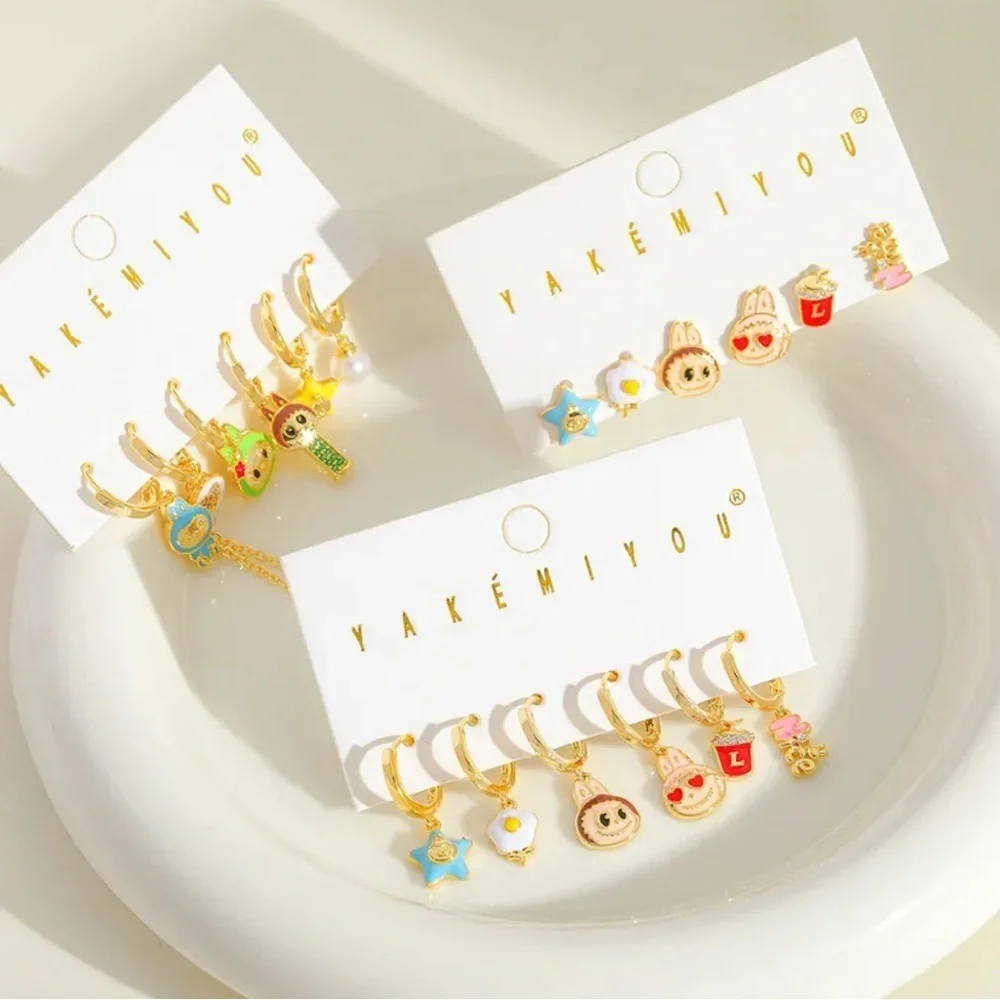 Labubu Inspired 14K Gold Monster Pez Theme Enameled Earrings Mismatched Set